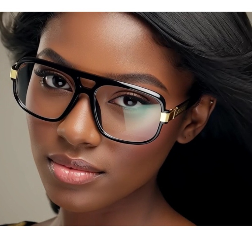 Oversized Aviator Glasses Black Frame Gold Accent Clear Lenses Women Eyewear New